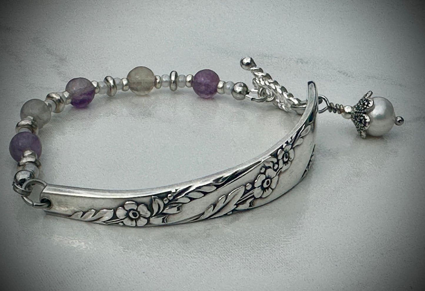 Vintage Bridal Wreath Silver-Plated Bracelet with Purple Fluorite Beads